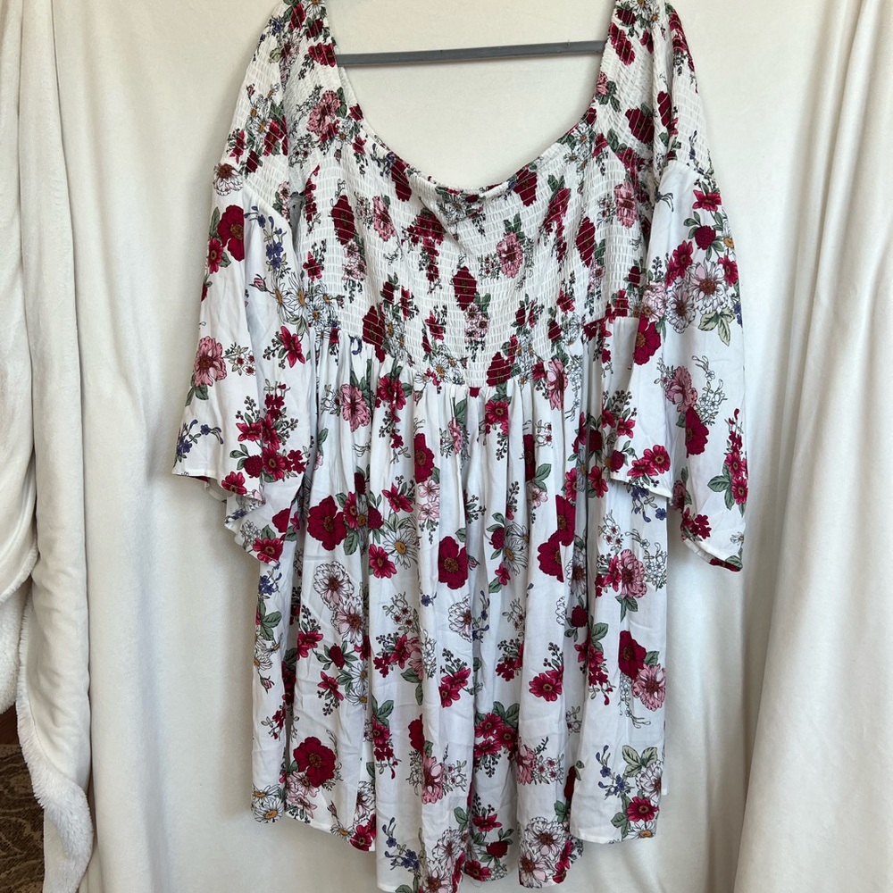 Ivory Floral Babydoll Off-shoulder Smocked Dress Torrid